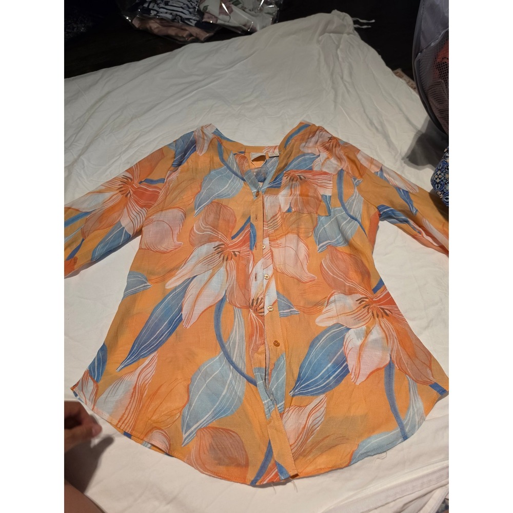 Zac & Rachel Buff Orange Floral Roll Tab Sleeve Button Down Blouse MT81OCXB1